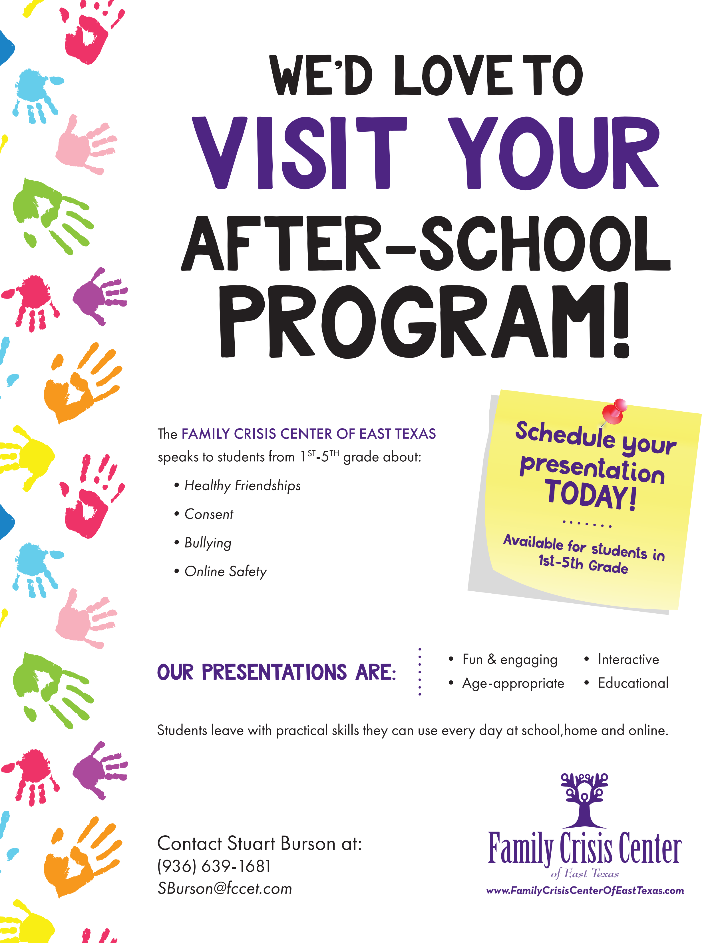 Family Crisis Center After-School & Daycare Educational Presentations Flyer