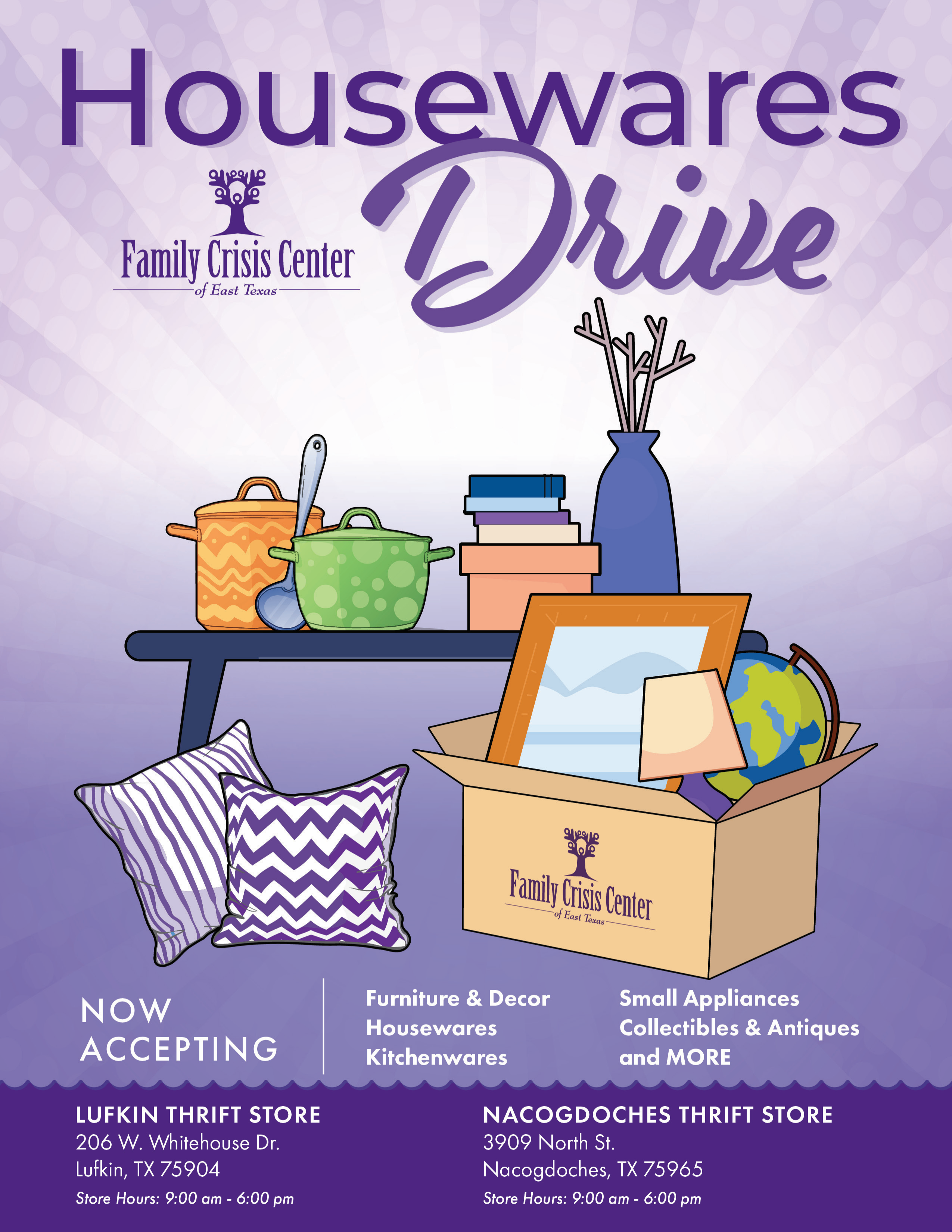 Family Crisis Center Shelter Housewares and Furniture Donation Drive Flyer